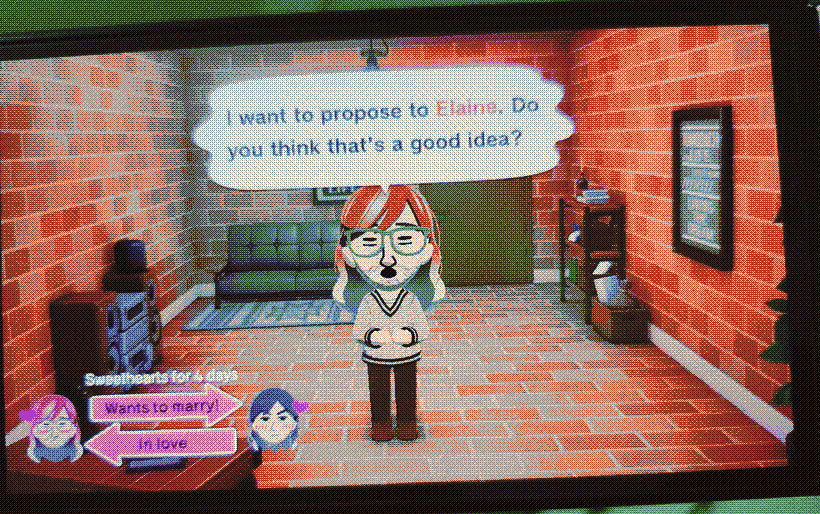 A screenshot from Tomodachi Life: Living the Dream; my OC Reid asks ''I want to propose to Elaine. Do you think that's a good idea?''