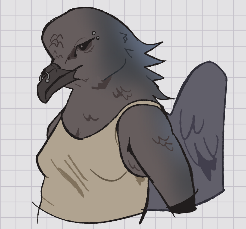 A drawing of a stern-looking anthro Leach's Storm Petrel from the waist up. She has a septum piercing in her naricorn, and silver piercings on the browline. She wears a worn beige tanktop; a wing is folded behind her arm.