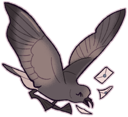 A storm petrel flying with envelopes around it.