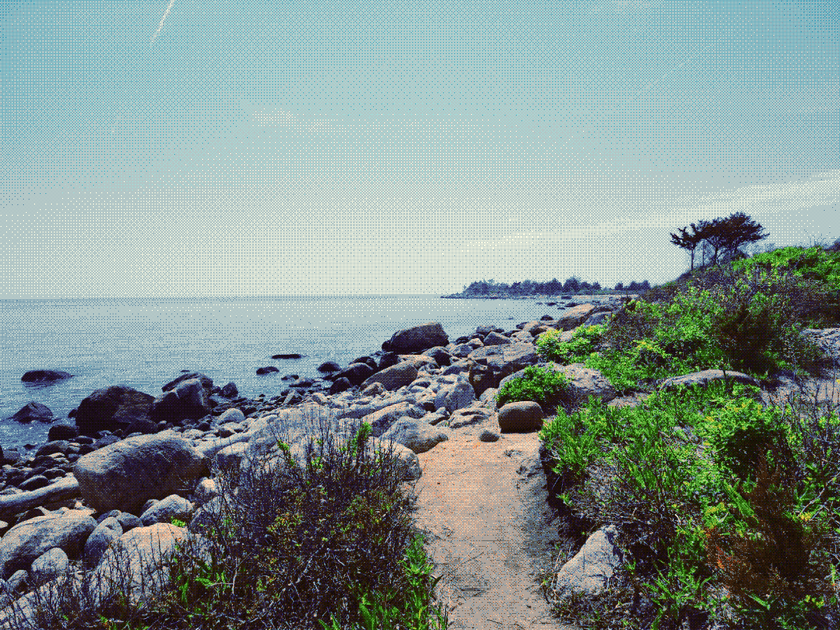 A photograph of a boulder-strewn coastal path, with the ocean in the distance.