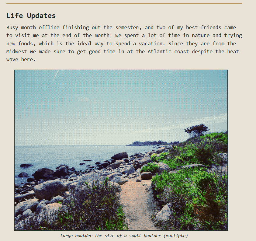 A screenshot from the website of the first portion of this newsletter, showing off dithered/pixel images and light mode.